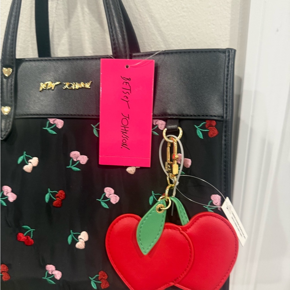 Betsey Johnson Black Cherry Print Tote with Red Heart Charm - Picture 2 of 4